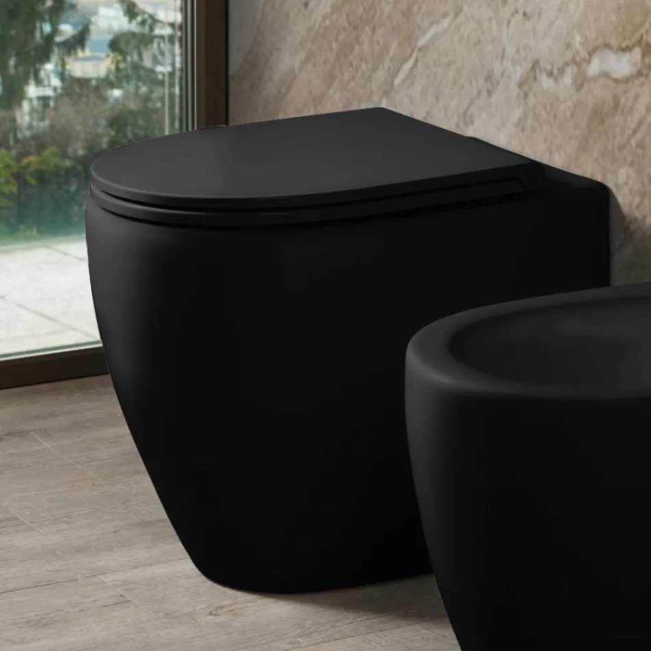 Dwukolorowa matowa ceramiczna toaleta bezrantowa Aster z wolnoopadającą deską sedesową   Viadurini