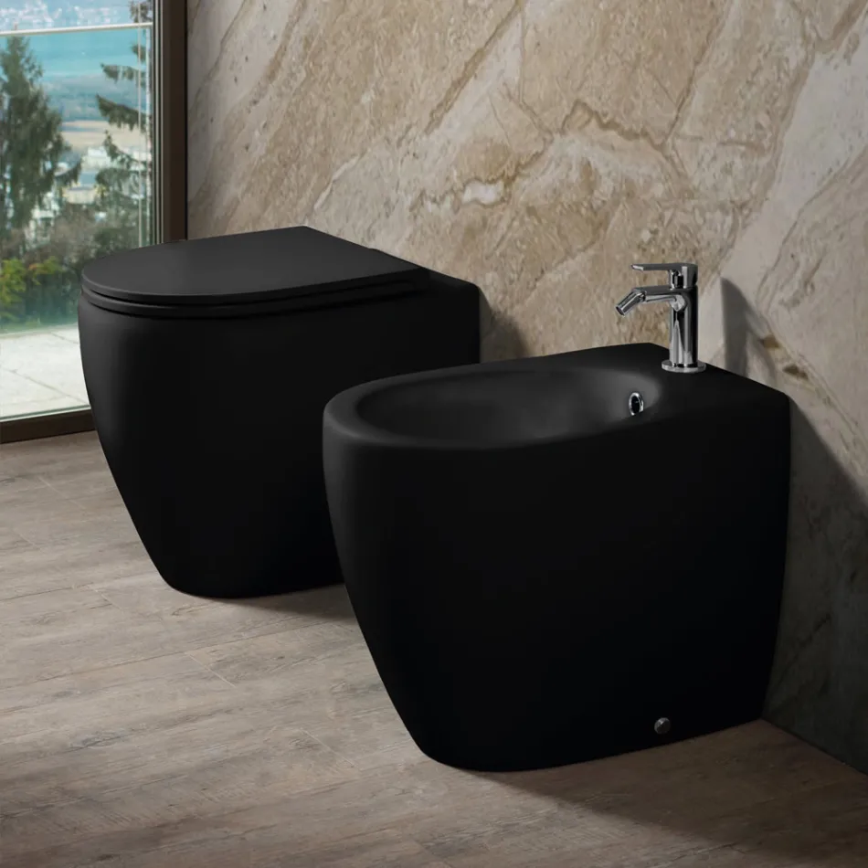 Dwukolorowa matowa ceramiczna toaleta bezrantowa Aster z wolnoopadającą deską sedesową   Viadurini