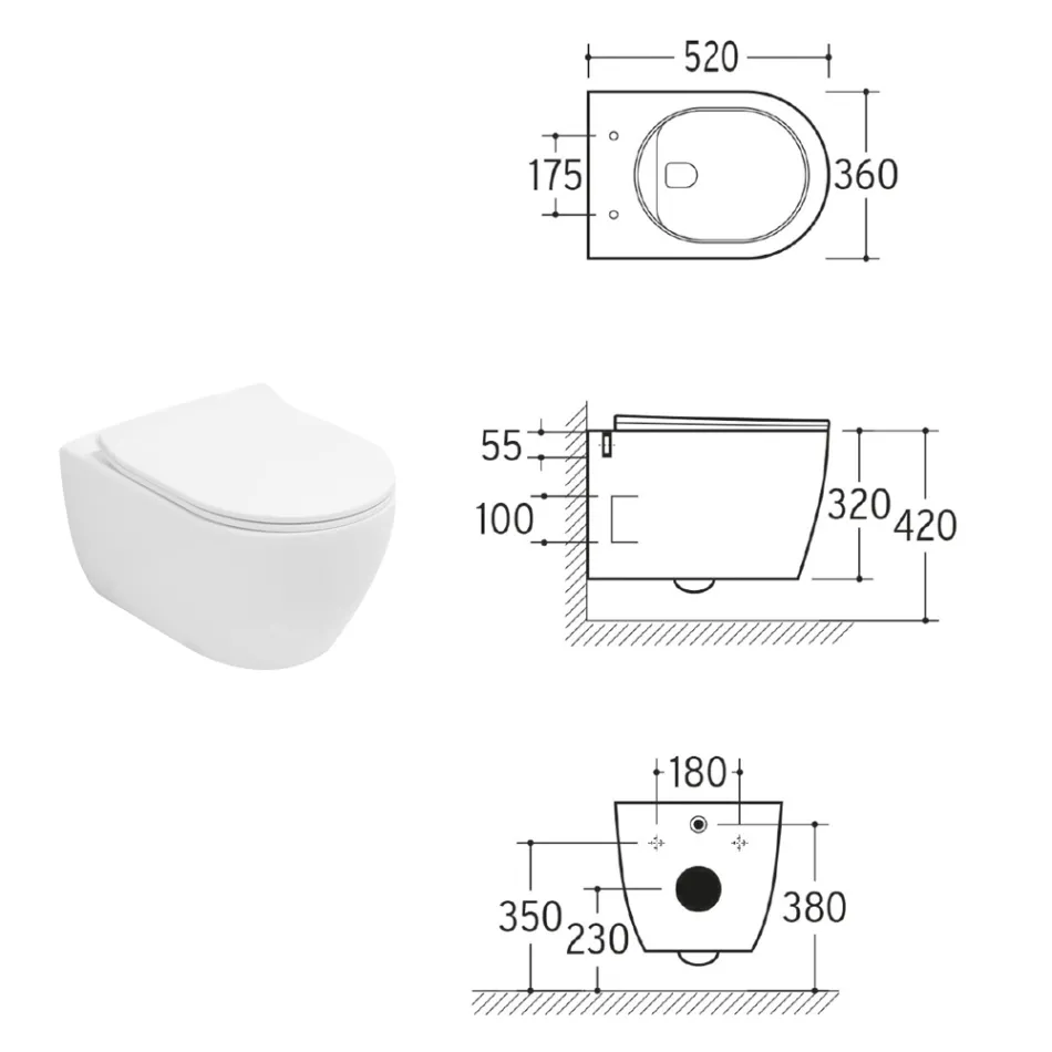 Aster White Ceramic Wall-Hung Rimless Toaleta z wolnoopadającą deską sedesową Viadurini
