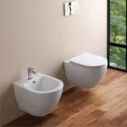 Podwieszana toaleta bezrantowa z wolnoopadającą ceramiczną deską sedesową – Juniper   Viadurini