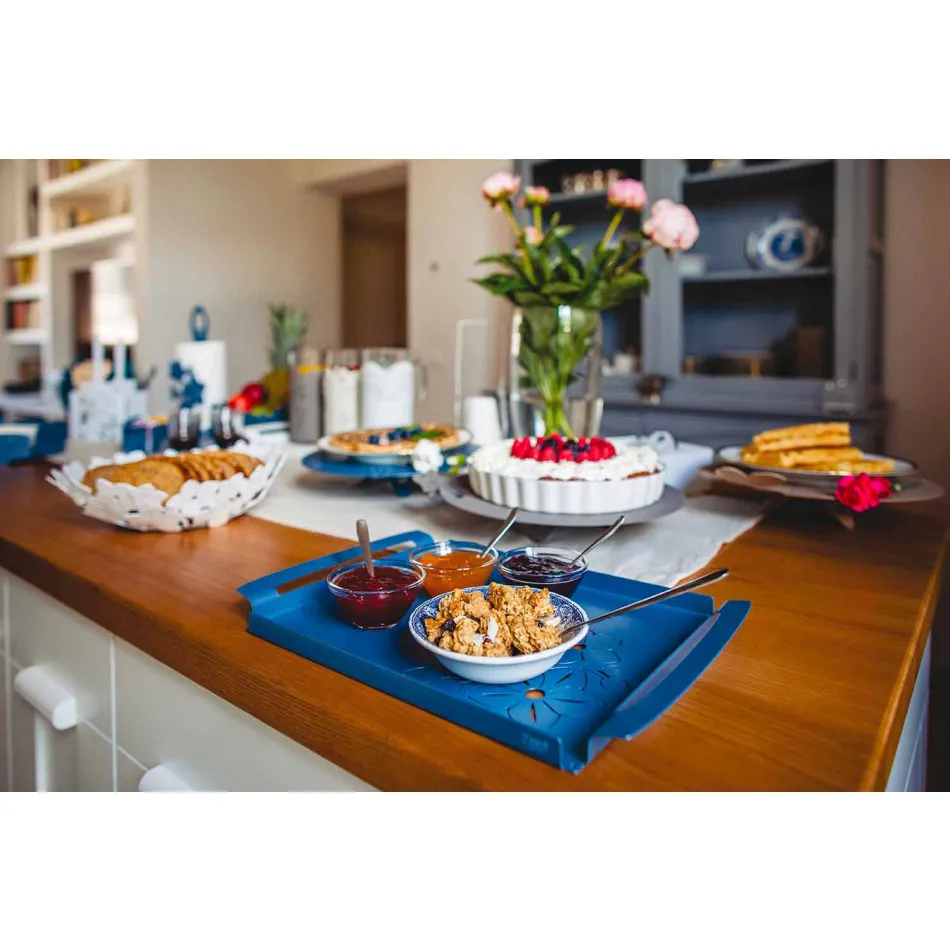 Taca do serwowania z kwiatami w kolorze białym, niebieskim lub błotnym - Marken Viadurini