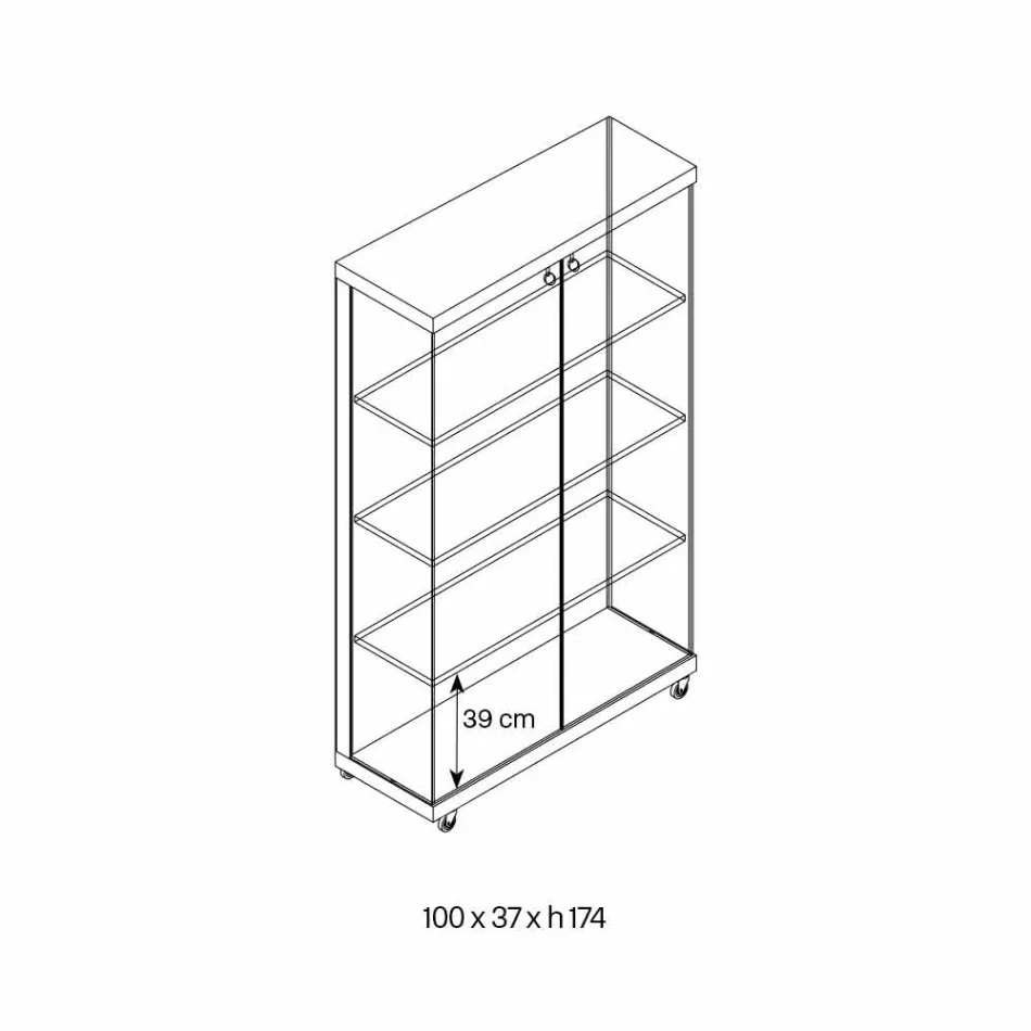 Witryna ścienna ze szkła i białego drewna, kół i podświetlanych półek - Armilla Viadurini