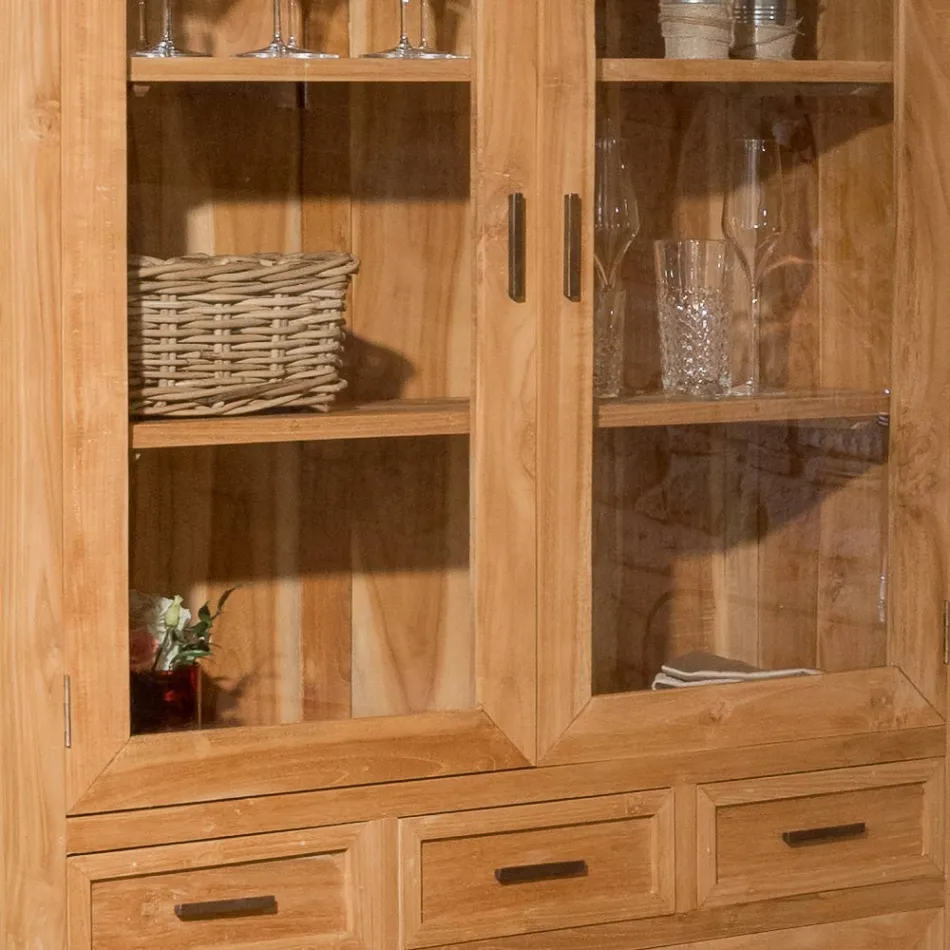 Szafka do salonu Sanda z litego drewna tekowego z 4 drzwiami i 3 szufladami Viadurini