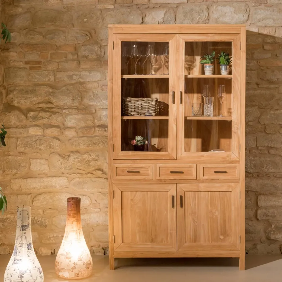 Szafka do salonu Sanda z litego drewna tekowego z 4 drzwiami i 3 szufladami Viadurini