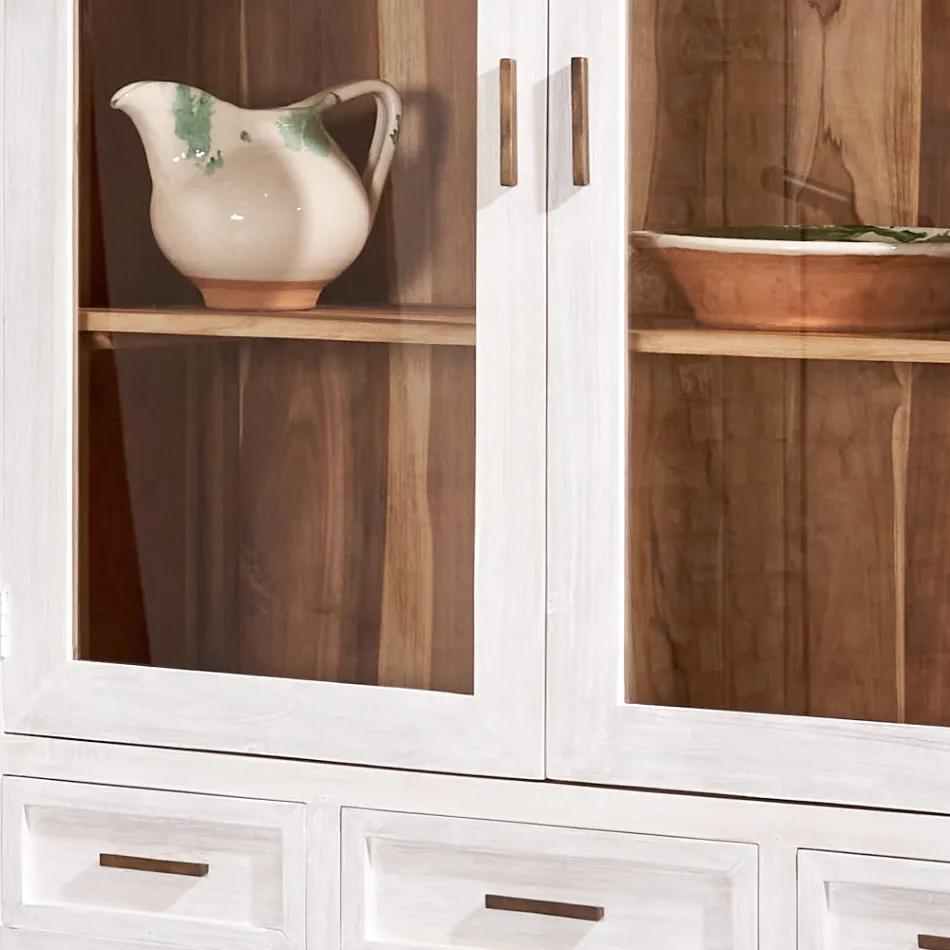 Szafka do salonu Sanda z litego drewna tekowego z 4 drzwiami i 3 szufladami Viadurini