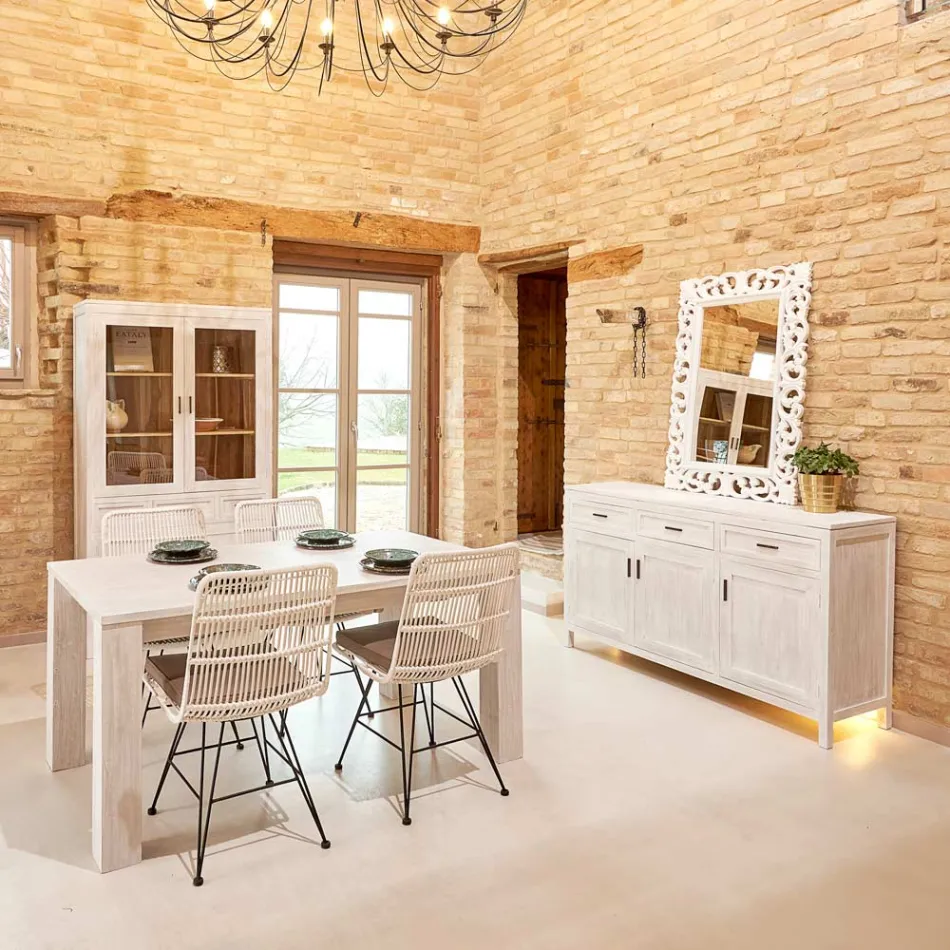 Szafka do salonu Sanda z litego drewna tekowego z 4 drzwiami i 3 szufladami Viadurini