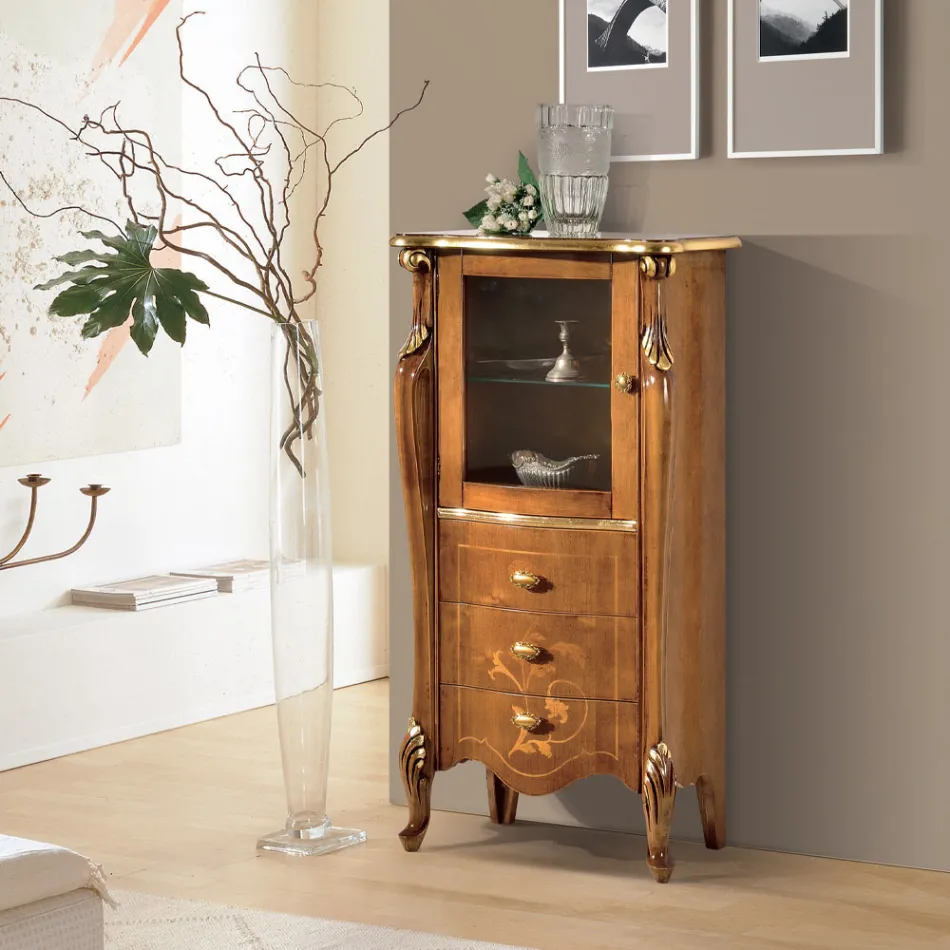 Prezentacja salonu z 1 szklanymi drzwiami i 3 szufladami Made in Italy - Londyn Viadurini