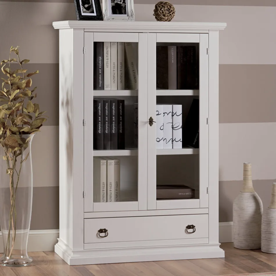 Drewniana witryna z 1 szufladą, 2 drzwiami i 2 półkami Made in Italy - Nanna Viadurini